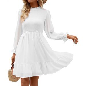 Smocked White Long Lantern Sleeve Ruffle A-Line Mini Dress Sz L